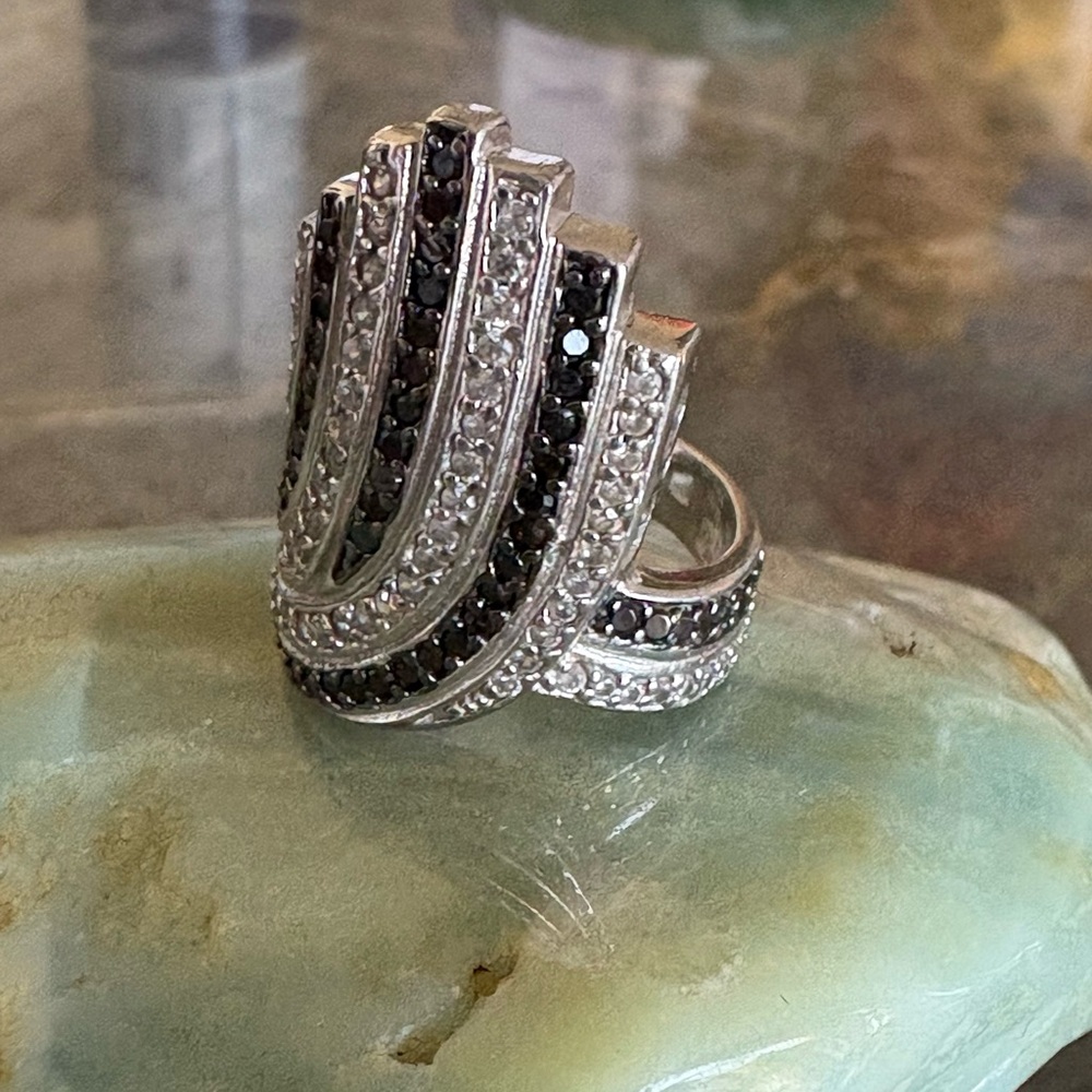 LARGE GENUINE Diamond Art Deco Ring White Black Diamonds Sz 7 925 Sterling S - Picture 2 of 16